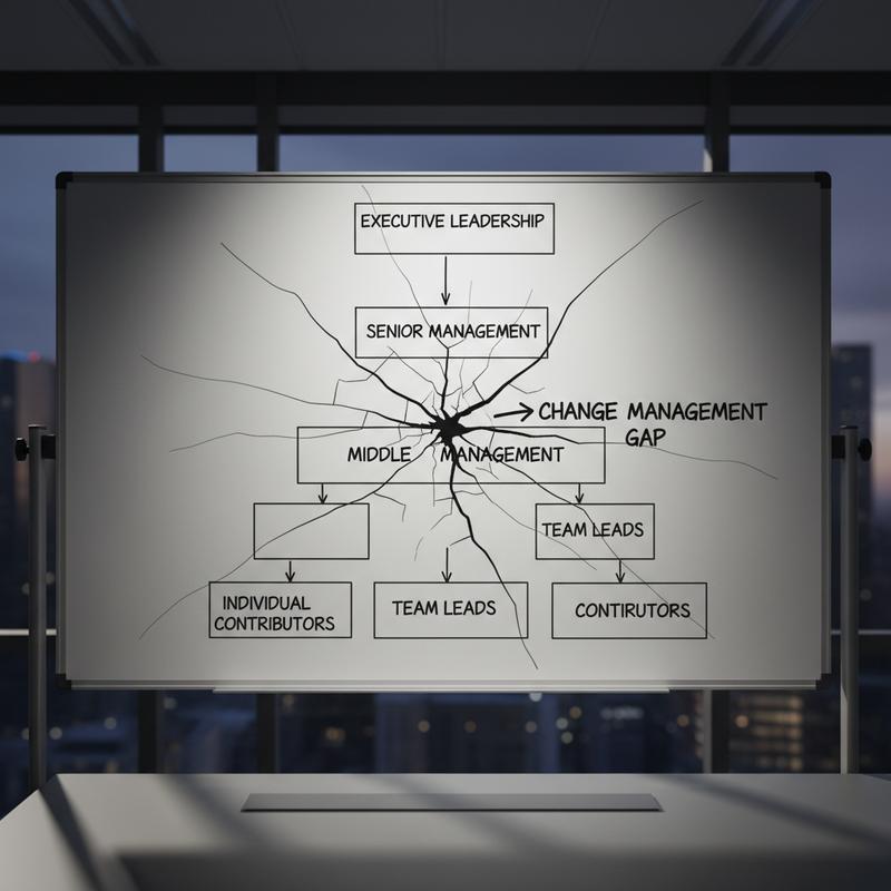 A cracked organizational chart on a whiteboard showing the change management gap at the middle management layer