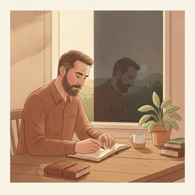 A man writing in a notebook at dawn, his reflection looking back at him from a dark window