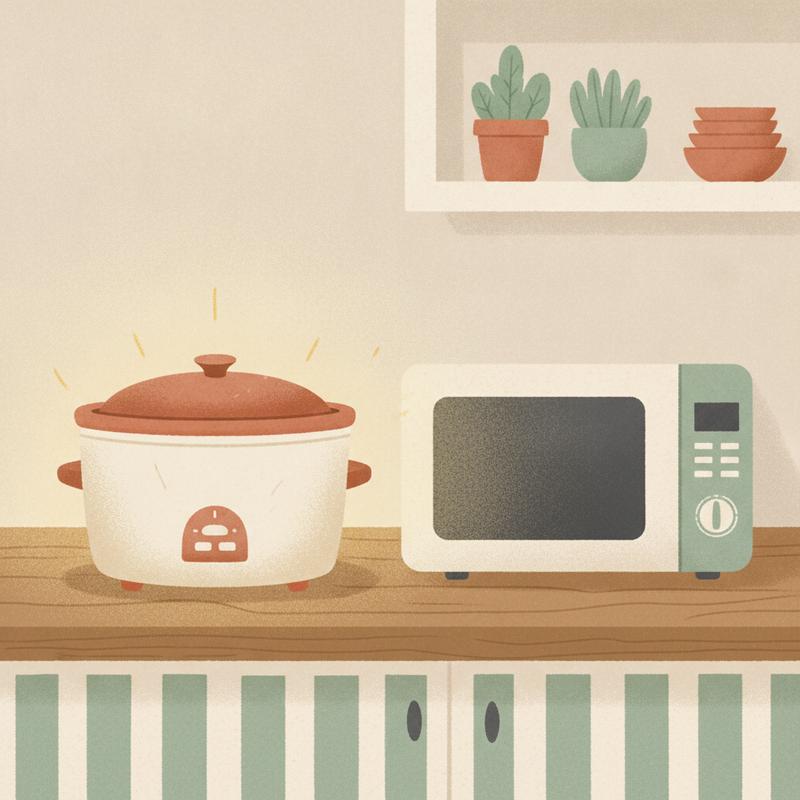 A slow cooker on a kitchen counter next to a microwave