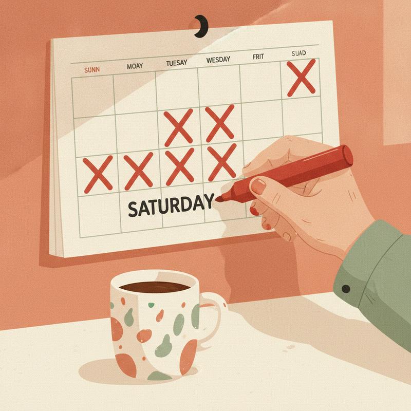 A wall calendar with days crossed off in red marker counting down to Saturday