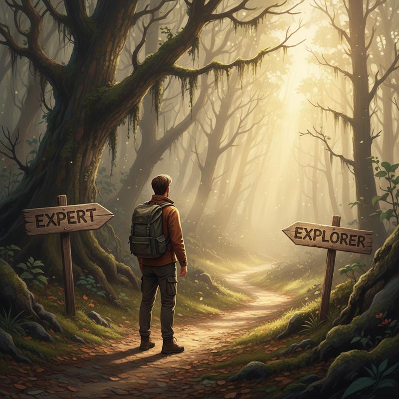 A person at a crossroads in a misty forest, one path labeled Expert pointing back, another labeled Explorer pointing forward into sunlight
