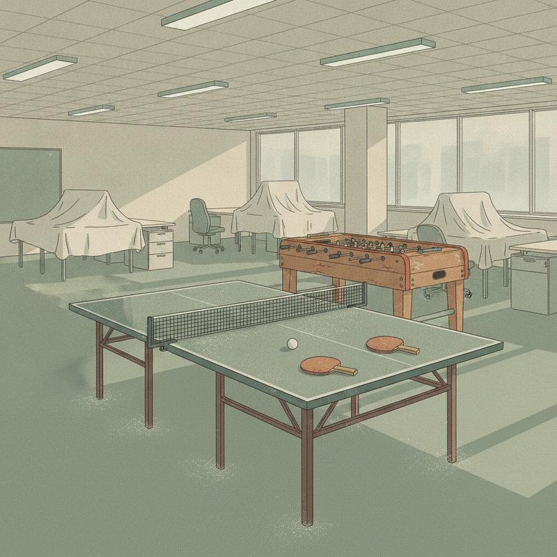A dusty, unused ping-pong table sitting in the corner of an empty open-plan office under harsh strip lighting