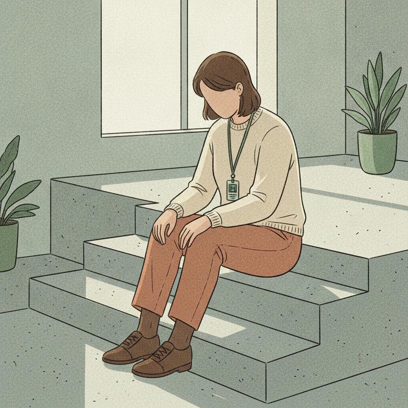 A person sitting alone on office stairwell steps, composing themselves before going back inside