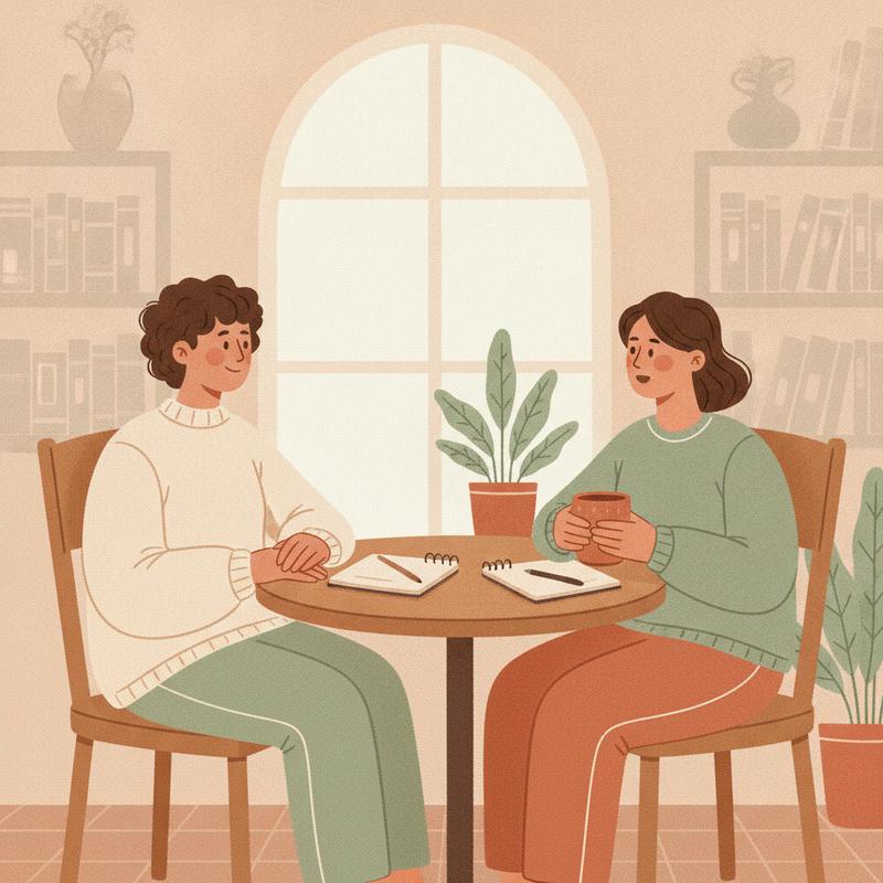 Two colleagues sitting at a small round table by a window, one listening quietly with hands still while the other holds a mug and talks