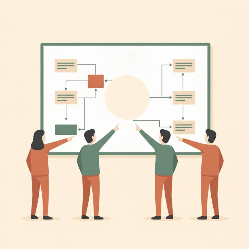A whiteboard architecture diagram with a hole in the middle while four similar-looking engineers point at the same box
