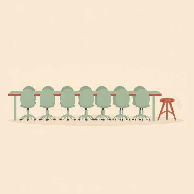 A long meeting table with eight identical office chairs in a row and one mismatched wooden stool being pushed away