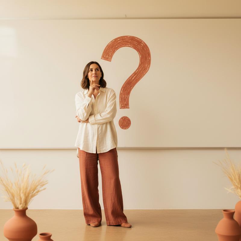 A person standing thoughtfully in front of a whiteboard with a question mark, at ease with uncertainty