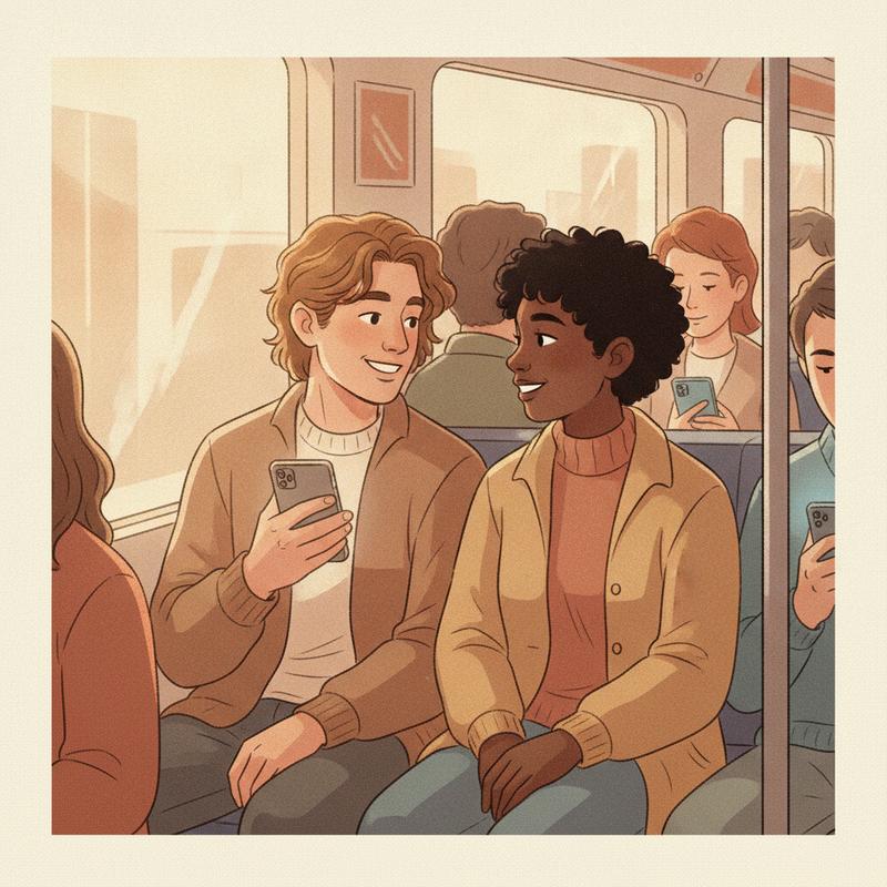 Two strangers on a morning commuter train turn toward each other and talk while the passengers around them stare at their phones