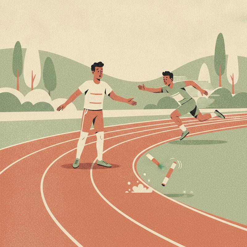 A relay baton handoff going wrong, the outgoing runner sprinting away while the incoming runner stands still with the baton falling