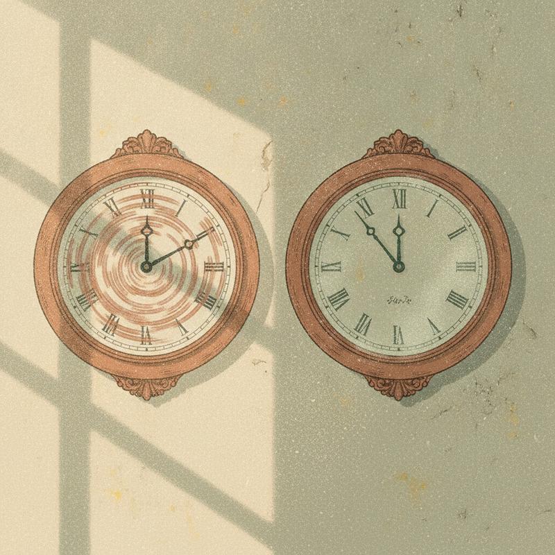 Two old wall clocks side by side, one with hands blurred from spinning for weeks, the other barely moved