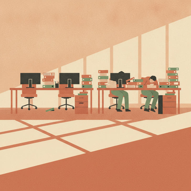 Illustration of a half-empty office with two abandoned desks and one worker buried under extra paperwork