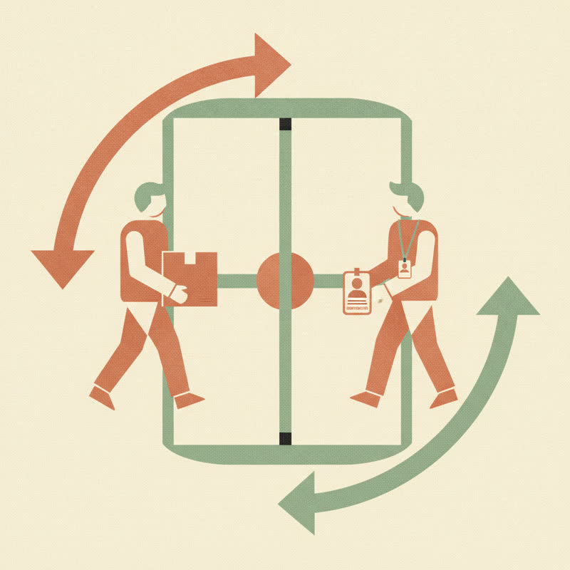 Illustration of a revolving door with a person leaving carrying a box and re-entering wearing a contractor badge