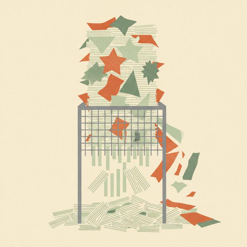A stack of paper CVs being poured through a rigid metal sieve while distinctive pages are caught and thrown away