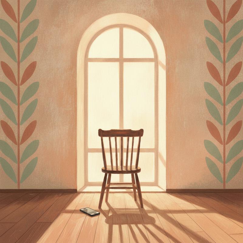 A single wooden chair facing a bright window in an empty room, with a phone lying face down on the floor beside it