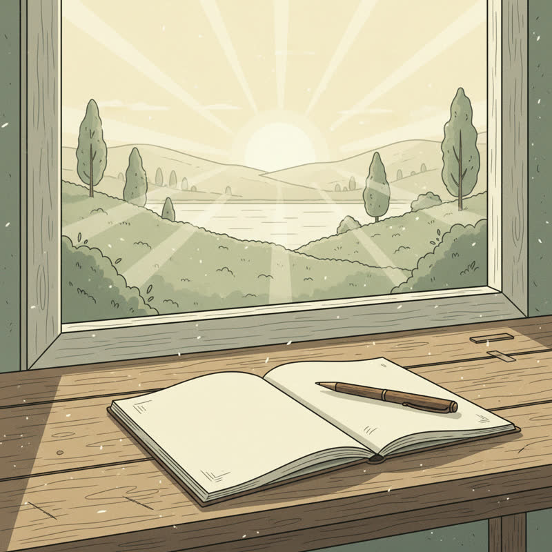 An open notebook on a quiet desk with morning light streaming through a window