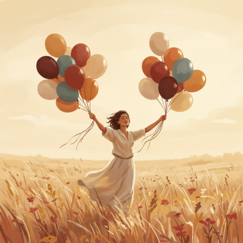 A person in a windy field releasing colorful balloons into a warm golden sky, looking relieved
