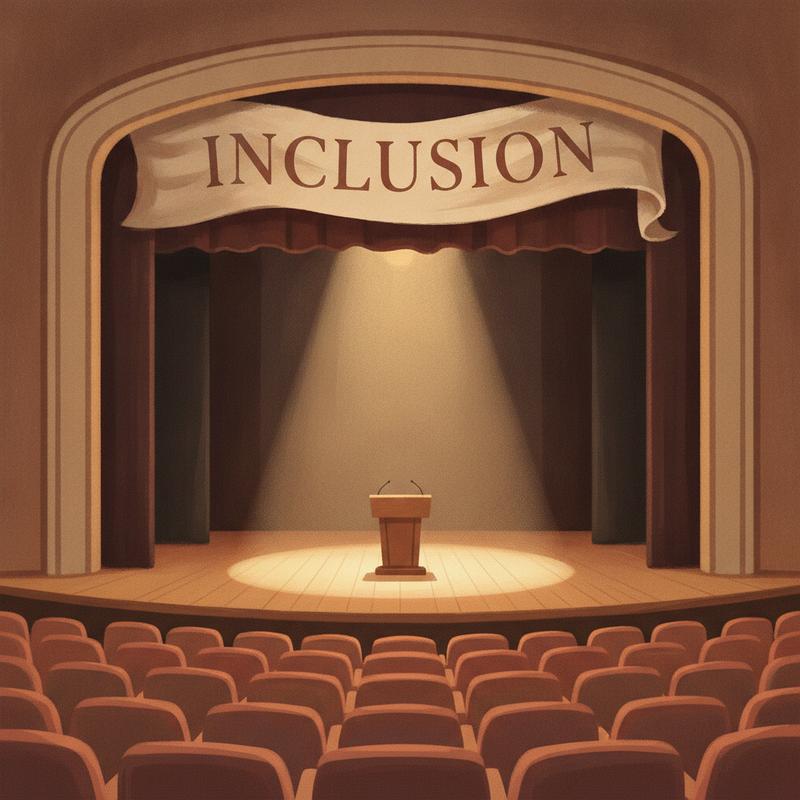 An empty corporate theater stage with an inclusion banner hanging above an unoccupied podium and rows of empty seats in shadow