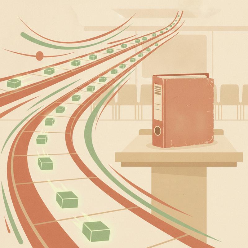 A software deployment pipeline carrying small green commit boxes on the left, a dusty binder alone on a lectern in an empty conference room on the right