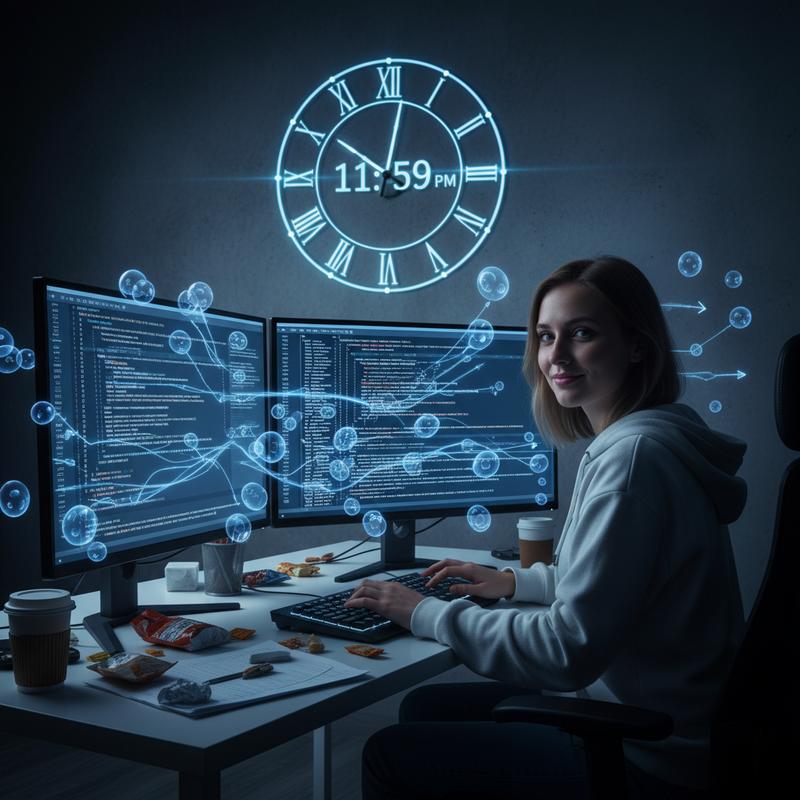 A developer at a dual-monitor workstation, confident and surrounded by AI code suggestions, as a clock ticks behind them