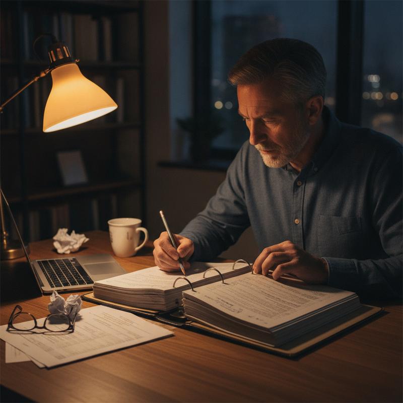 A man in his fifties at a desk late at night, reading a thick binder of printed code by lamplight and marking changes with a pencil