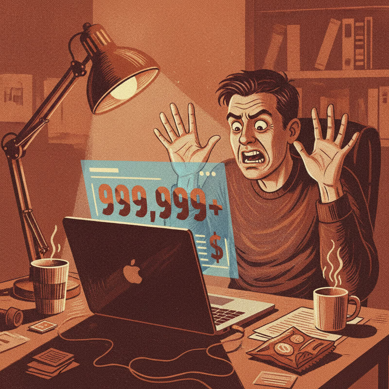 A developer staring at a shocking invoice on their laptop, expression of disbelief