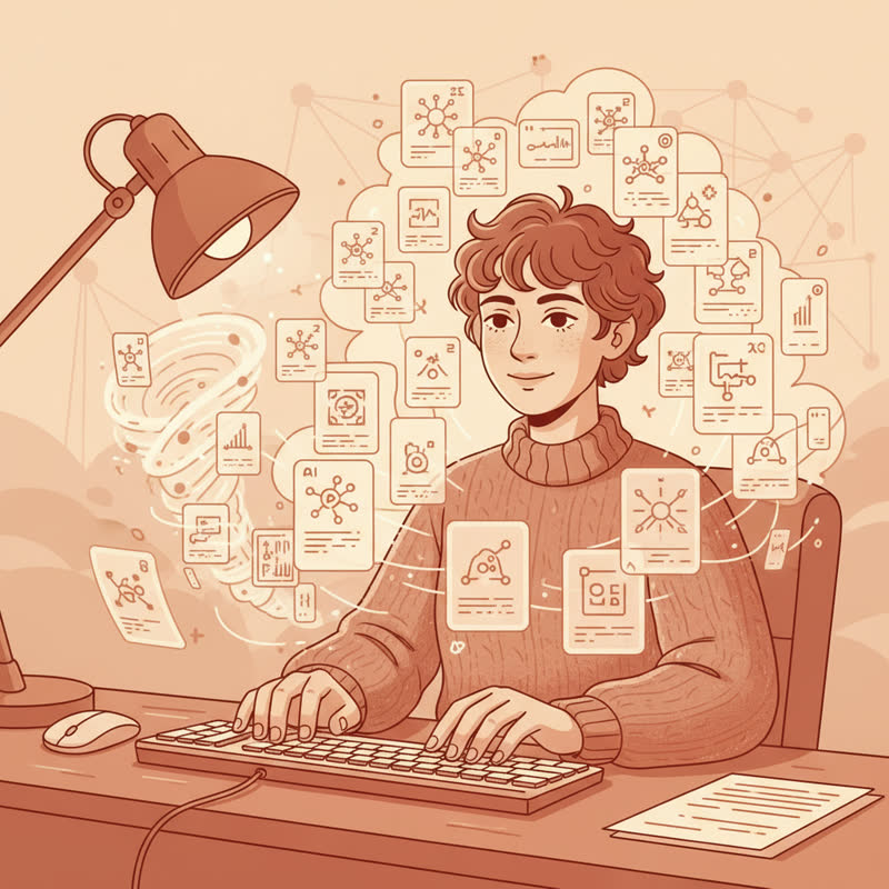 A software developer calmly reviewing a flood of AI model announcements, surrounded by floating cards with version numbers