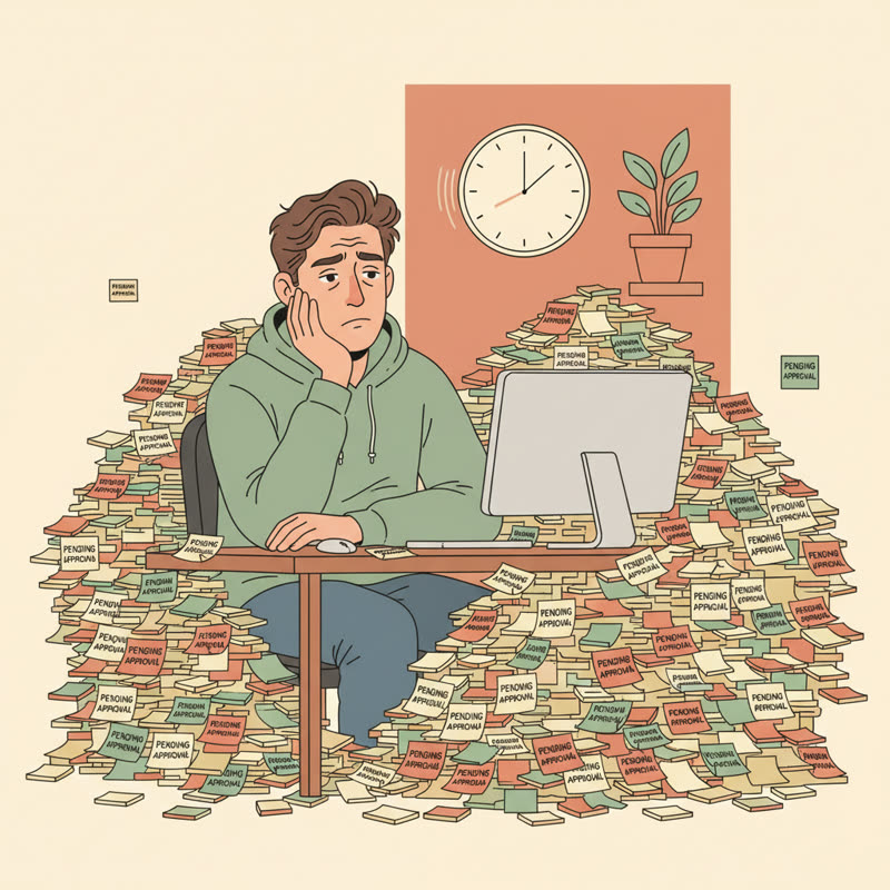 A developer sitting buried under a huge pile of sticky notes all reading PENDING APPROVAL, a clock ticking on the wall behind them