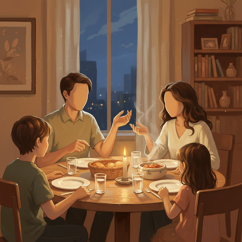 A family of four around a dinner table in golden lamplight, mid-conversation