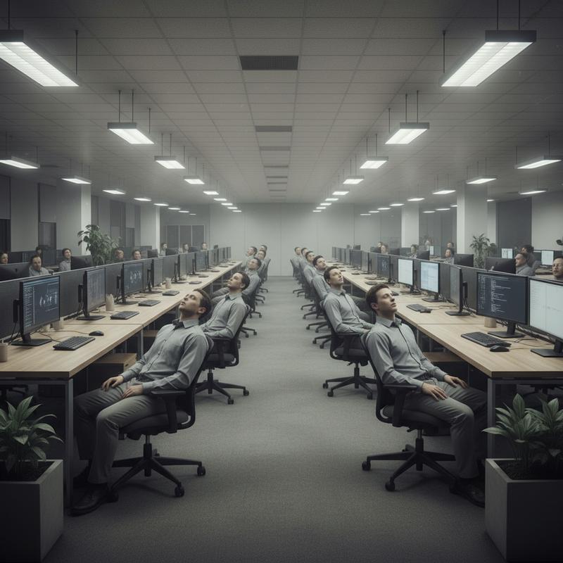 A wide open-plan office where workers sit with blank, disconnected expressions