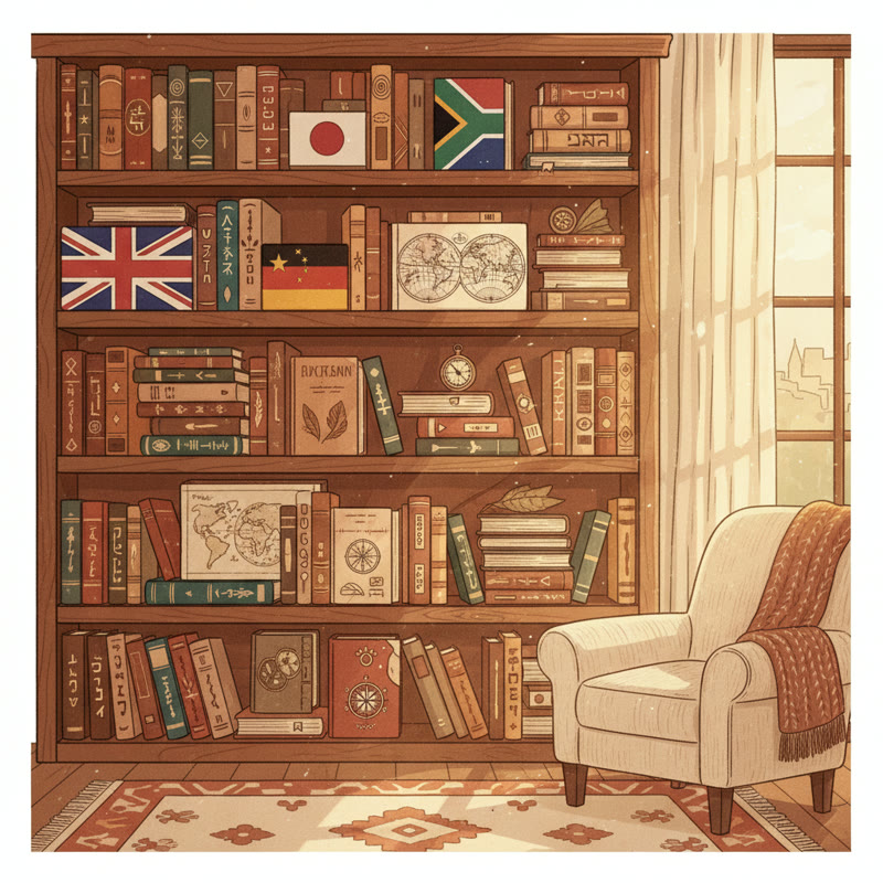 A bookshelf full of books from different cultures and countries