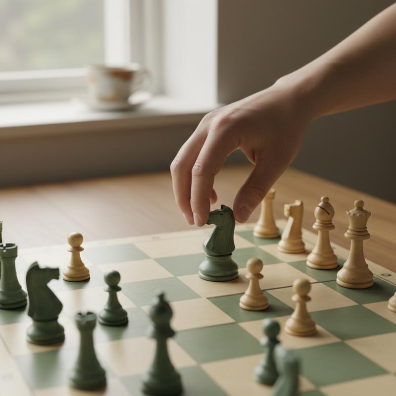 A chess board mid-game with a hand hovering above a piece