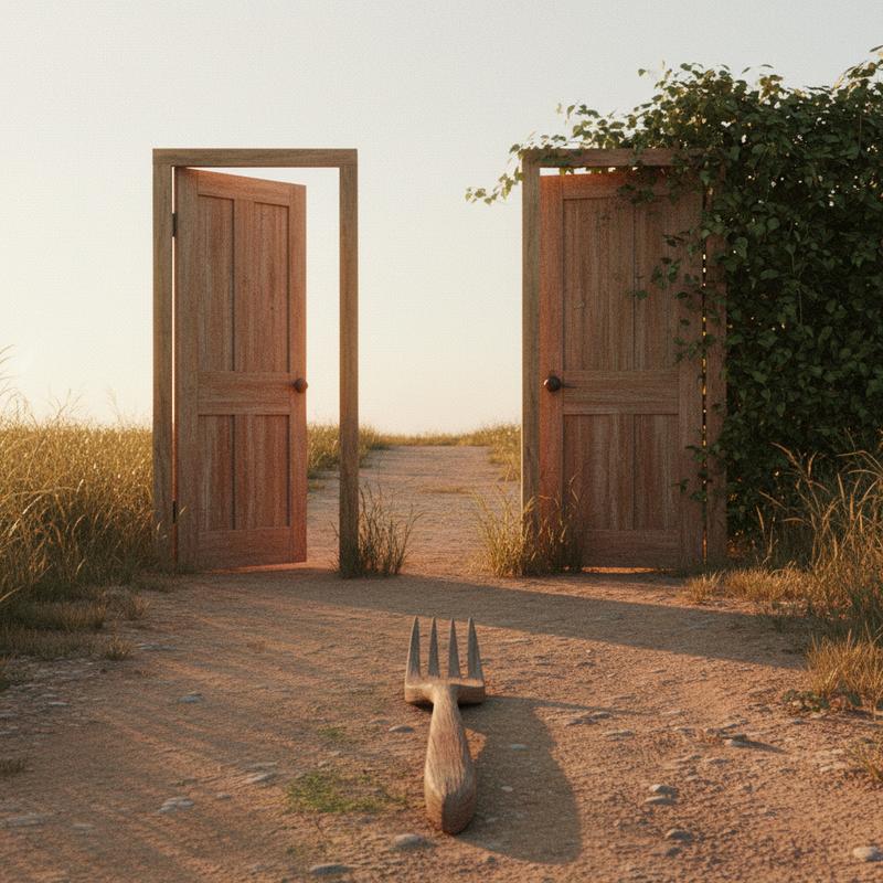 A weathered wooden fork in a path at dusk with two doors