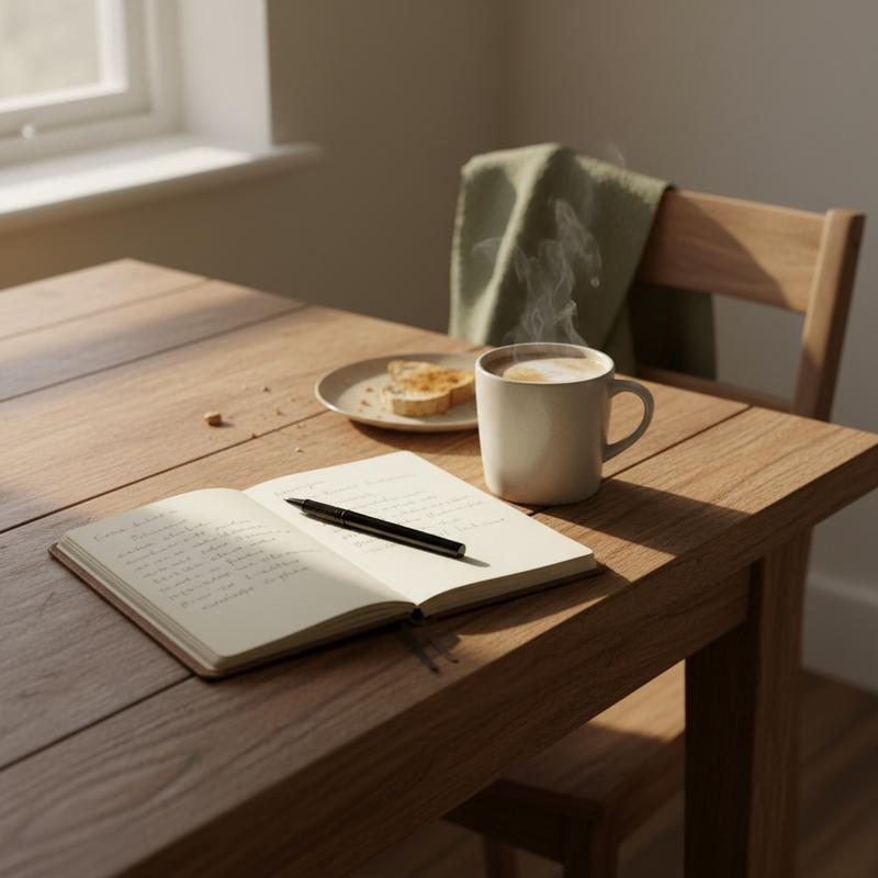 A quiet morning coffee on a kitchen table with a notebook