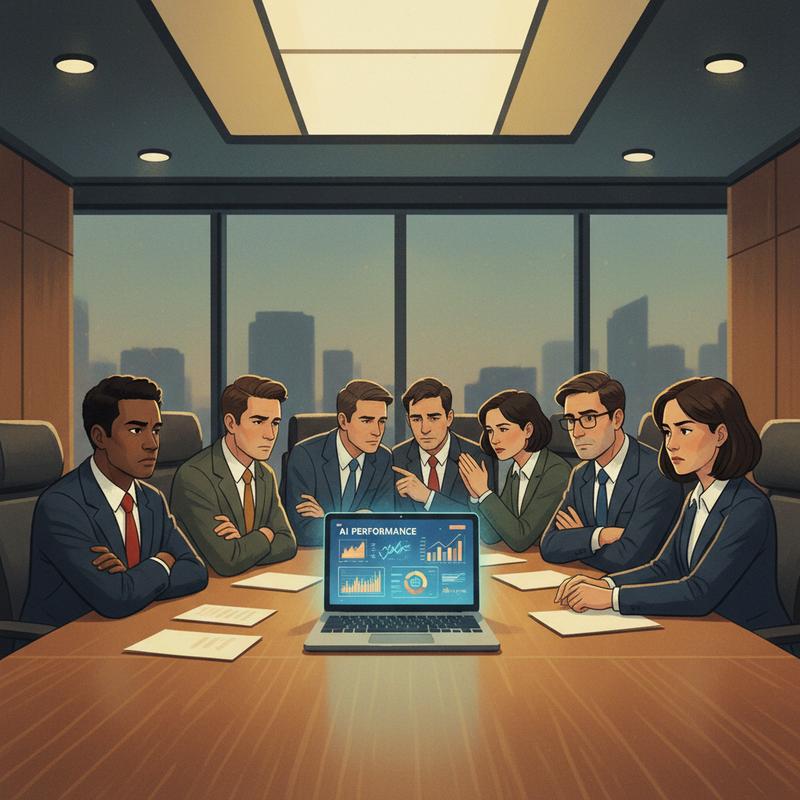 Employees seated around a boardroom table, arms crossed, ignoring an AI dashboard on a laptop in front of them