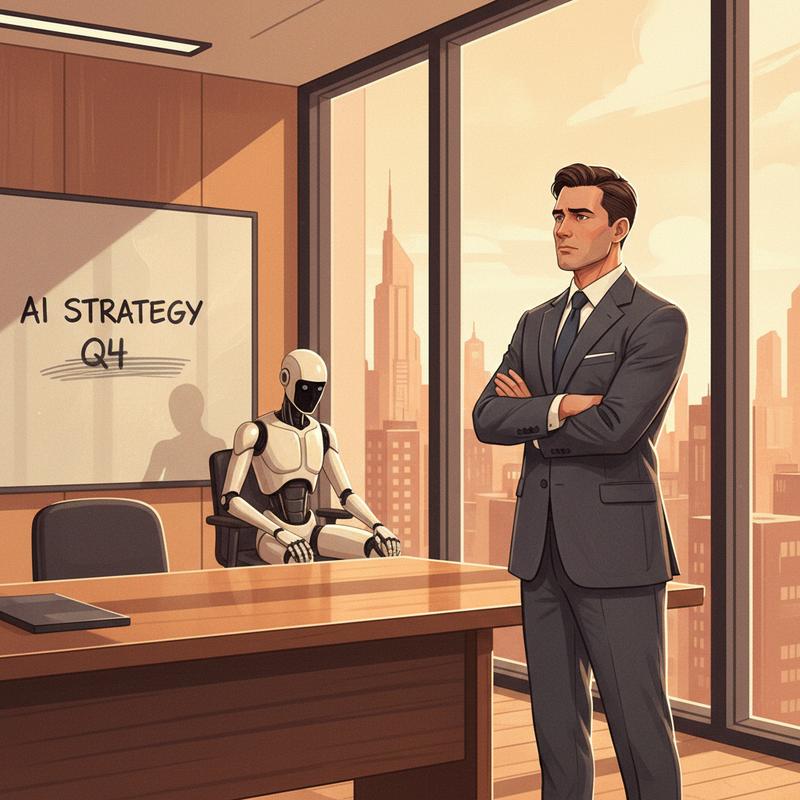 An executive stands in a modern office, arms crossed, while an idle robot sits forgotten in the corner behind him