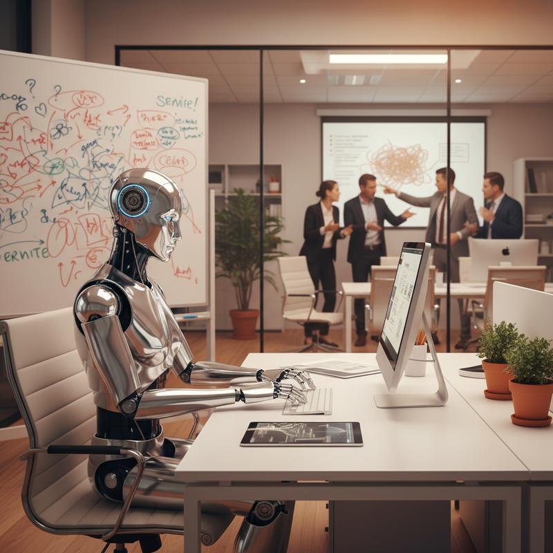 A polished robot sits ready at a corporate desk while human colleagues argue in the background