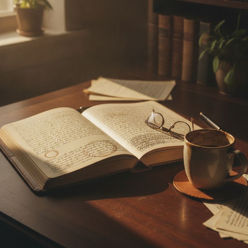 A worn leather notebook open on a desk with handwritten notes, warm morning light filtering through a window