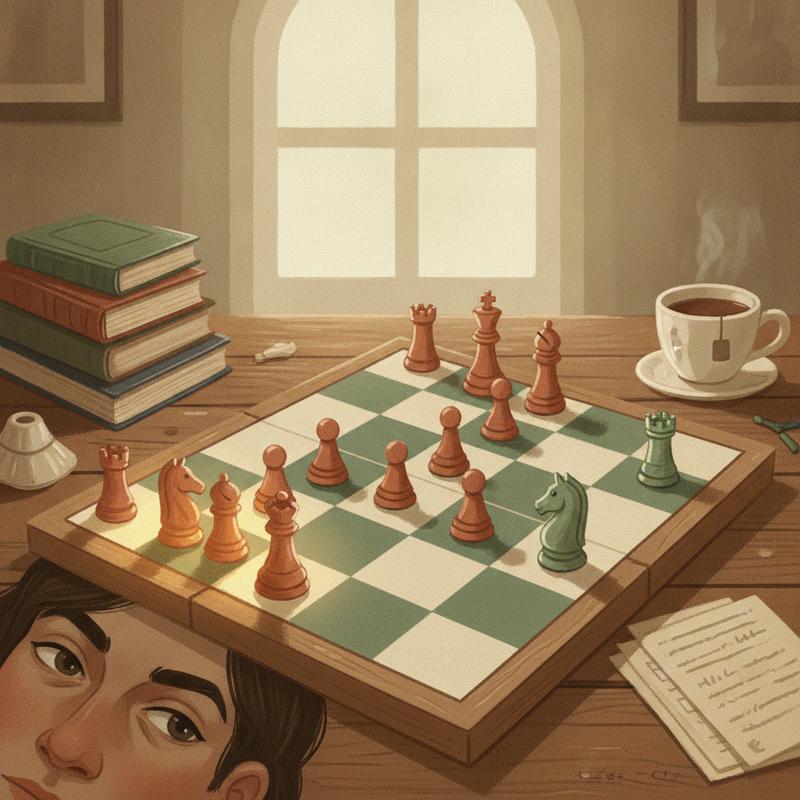 An overhead view of a chessboard where the player's gaze stays fixed on one familiar corner while the stronger move sits ignored across the board