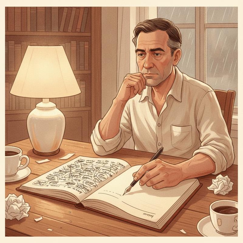 A man in his fifties at a desk at night, notebook open to a page of scratched-out ideas, pen hovering over a blank line
