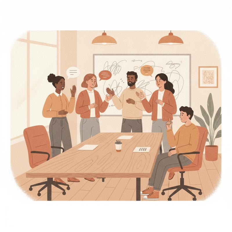A team meeting where one quiet person at the edge of the table half-raises a hand while the rest of the room talks