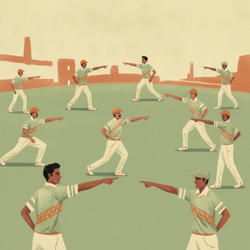 Illustration of eleven cricket players spread across a green field, each wearing a captain's armband, all pointing with confidence
