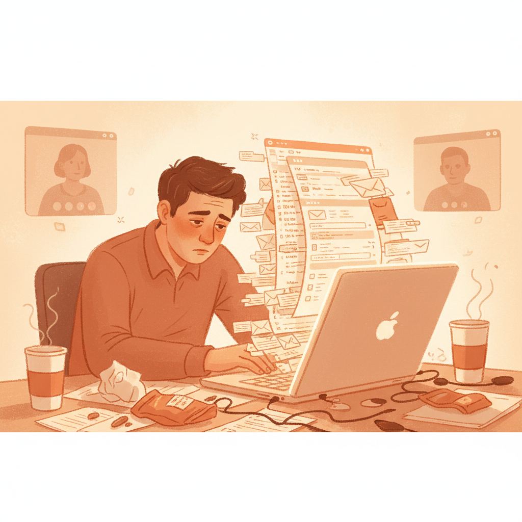 A burnt out manager at a desk with an overflowing inbox and floating video call windows