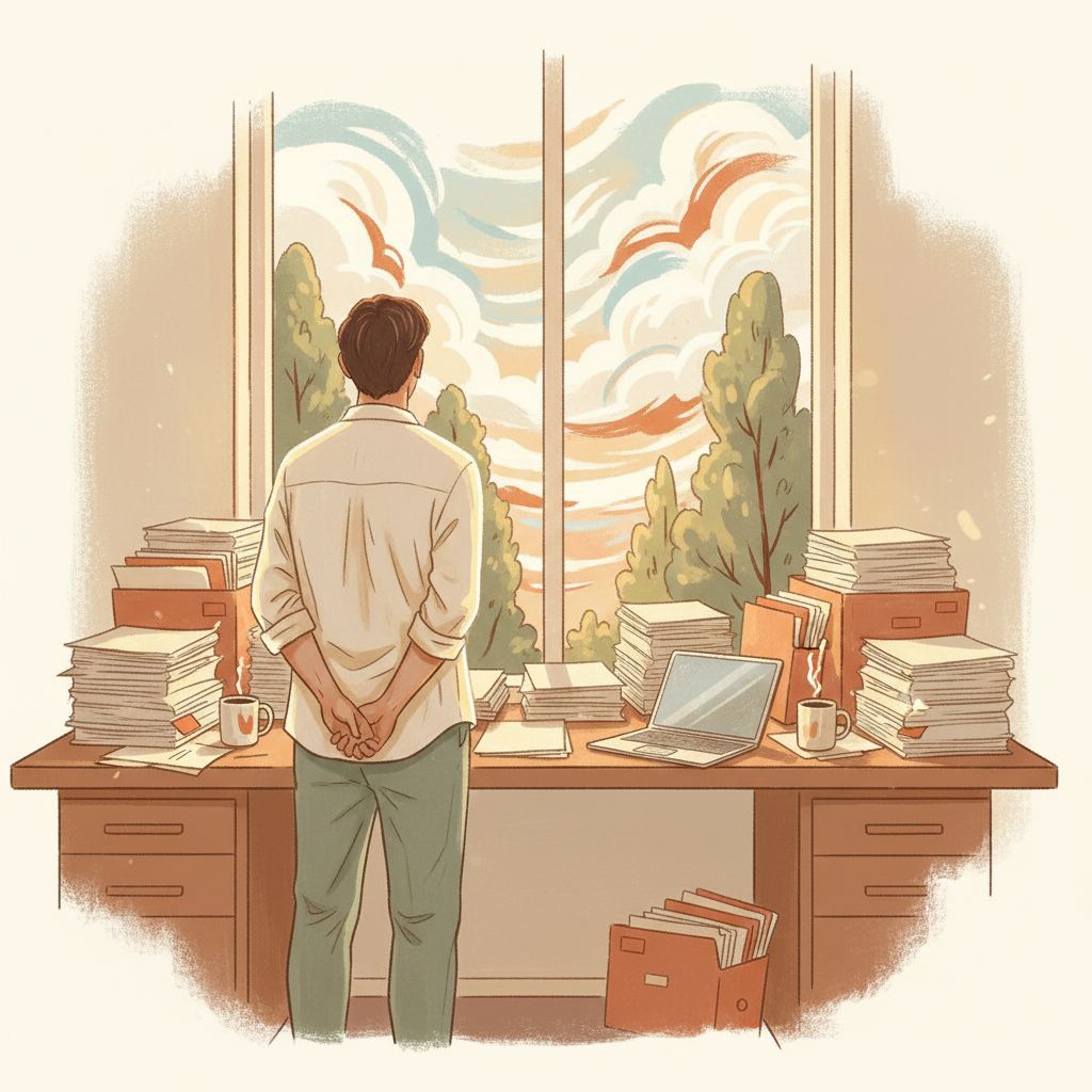 A manager standing at a window looking out, away from the laptop