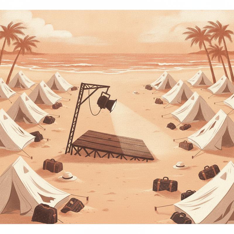 White disaster-relief tents and abandoned luggage on a beach around an empty stage