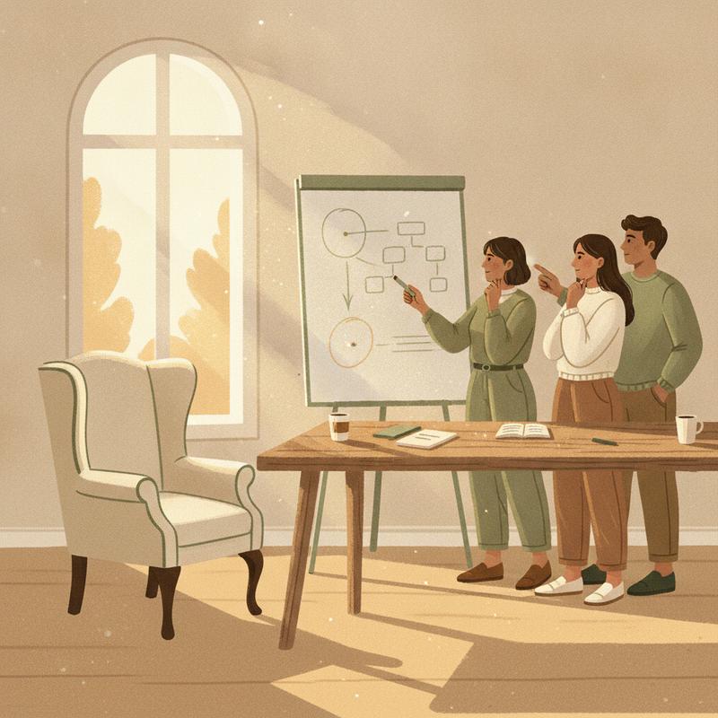 Illustration of an empty chair at the head of a table while a small team makes a decision at a whiteboard in warm sunlight