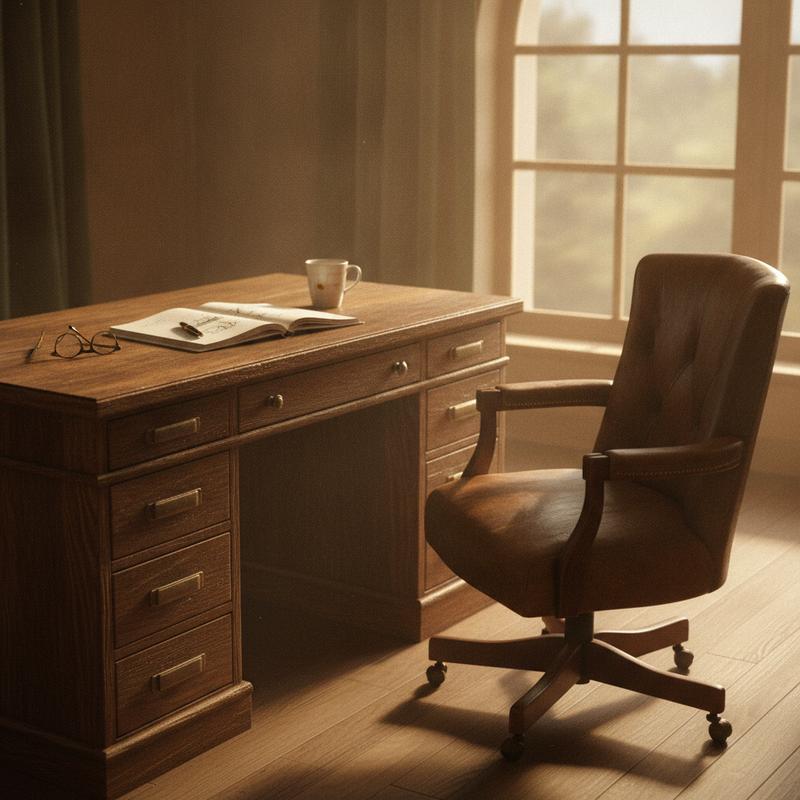 An empty chair pushed back from a wooden desk in warm afternoon light