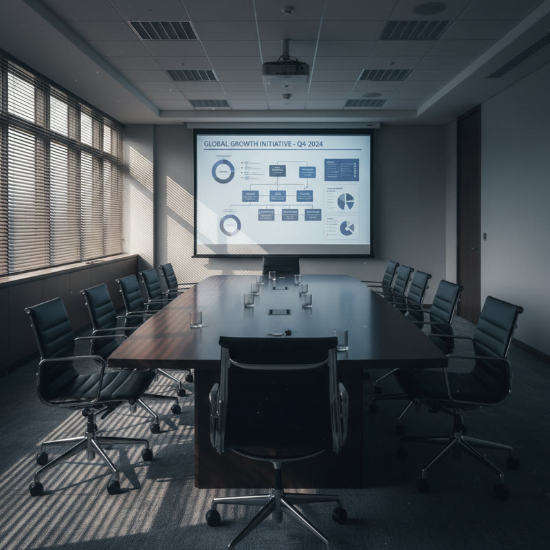 An empty conference room with an abandoned strategy presentation projected on the screen
