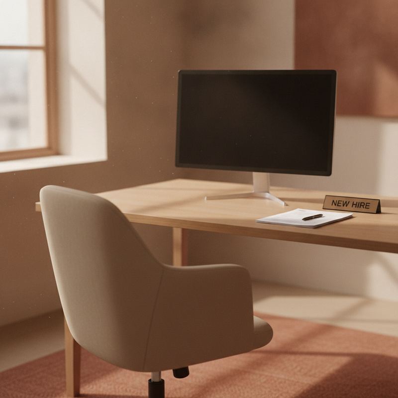 An empty office desk with a dark monitor and a name plate reading NEW HIRE, symbolizing an unfilled entry-level role