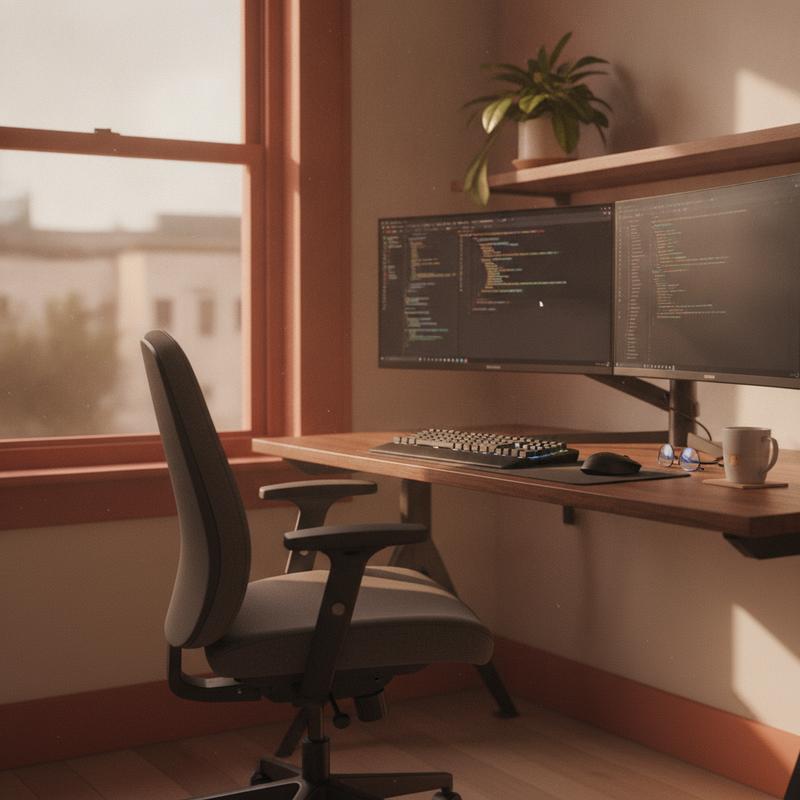 An empty desk with dual monitors still showing a code editor, warm afternoon light