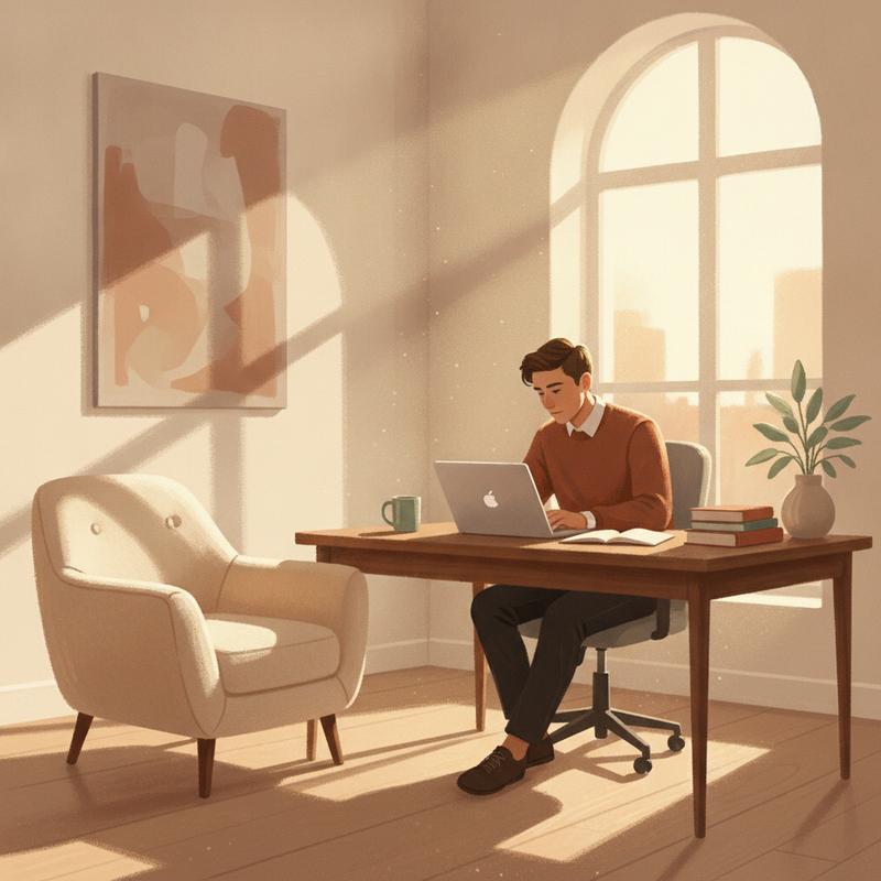 Warm illustration of an empty mentor's chair across from a young professional at a desk
